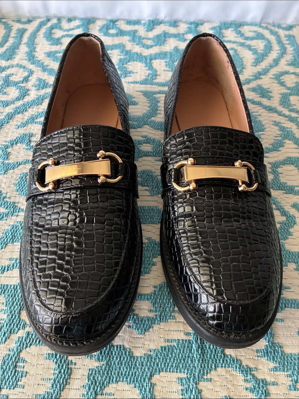 Black Croc-Embossed Slip-On Loafers with Gold Bit Sz 38- 7 1/2-8